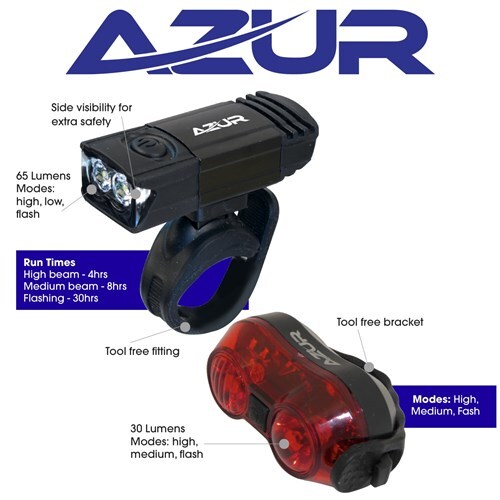 Lightset AZUR Beacon USB Rechargeable Headlight & Tail Light 65/30 Lumens Lightset AZUR Beacon USB Rechargeable Headlight & Tail Light 65/30 Lumens